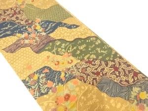 手織り紬道長取りに花古典柄全通袋帯